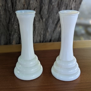 Two Vintage White Opaline Bud Vases