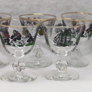 5 Treasure Island Pirate Liquor Glasses by Libbey Glass Company Gold Trim 4&quot;
