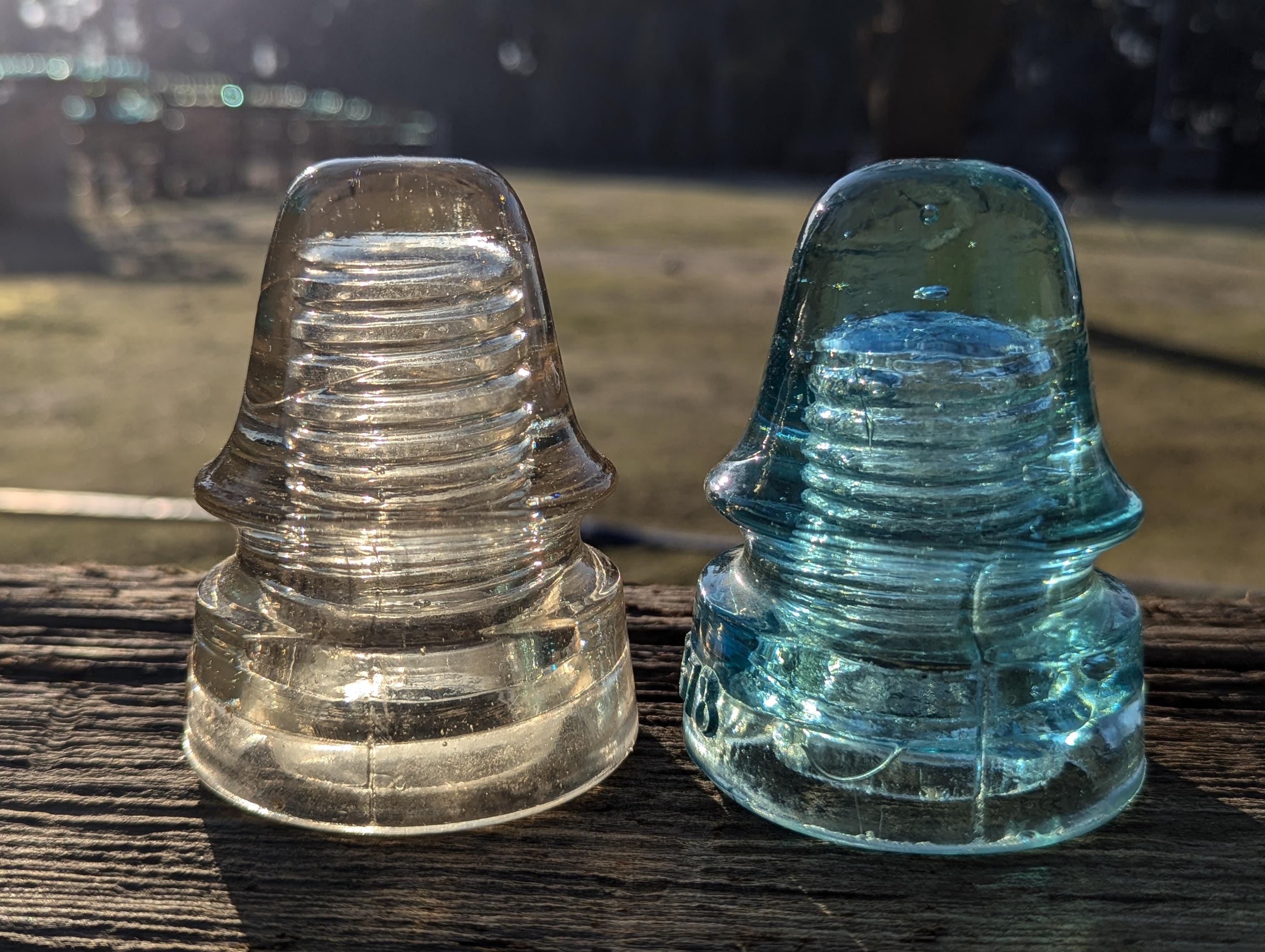 Two CD 162 Antique Glass Insulators Embossed 1678 Straw and Light Blue ...