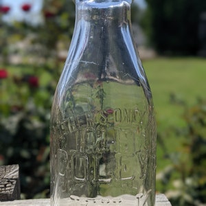 Vintage 1929 C.H. COLEY Quart Clear Straw Glass  Milk Bottle