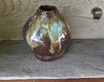 Vintage Hand Thrown Vase with Turquoise Drips with artist Mark "S"