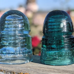 CD 145 Antique Glass GTP Insulators Dark Aqua  and Light Blue
