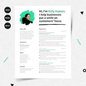 以下が含まれることがあります： ケリー・カプールさんの履歴書。カスタマーリレーションスペシャリストです。履歴書は緑と白のカラーリングでデザインされており、ケリー・カプールさんの写真が掲載されています。履歴書には、自己紹介、学歴、スキル、経験、連絡先などの項目が含まれています。