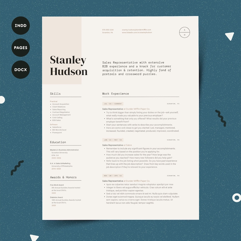 May include: A resume for Stanley Hudson, a Sales Representative with experience in B2B customer acquisition and retention. The resume highlights his skills, work experience, education, and awards.