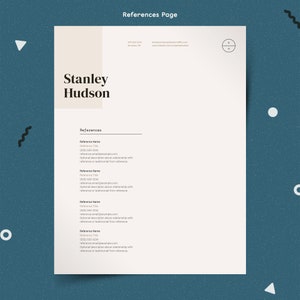 May include: A beige resume template with the name Stanley Hudson at the top. The document includes a section for references with space to list names, titles, phone numbers, email addresses, and optional descriptions.
