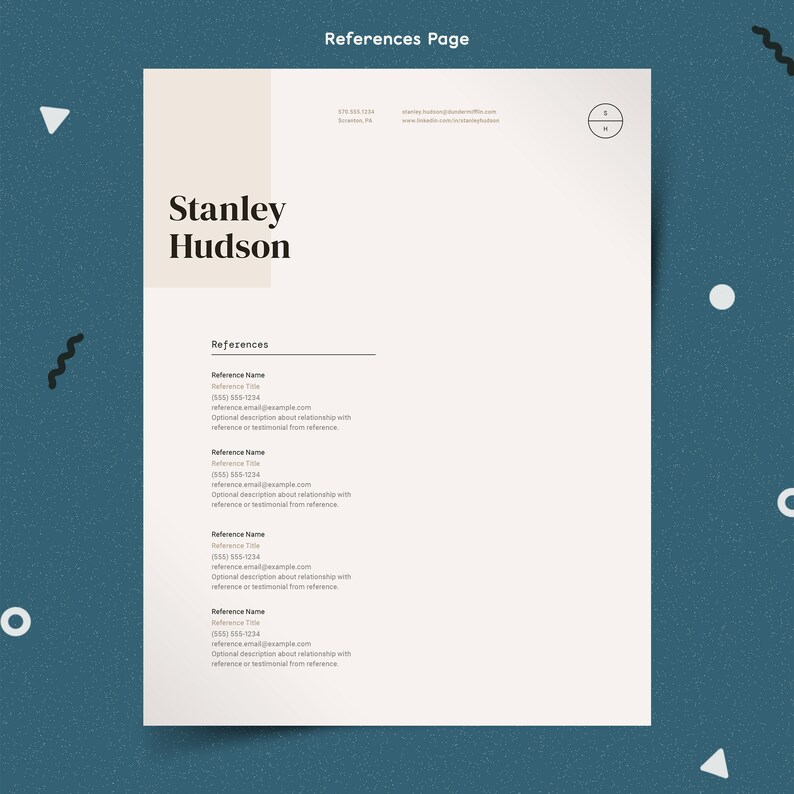 May include: A beige resume template with the name Stanley Hudson at the top. The document includes a section for references with space to list names, titles, phone numbers, email addresses, and optional descriptions.