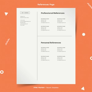 May include: A black and white reference page template with the title "References Page" at the top. The page is divided into two sections: "Professional References" and "Personal References". Each section lists four reference names, titles, phone numbers, and email addresses.