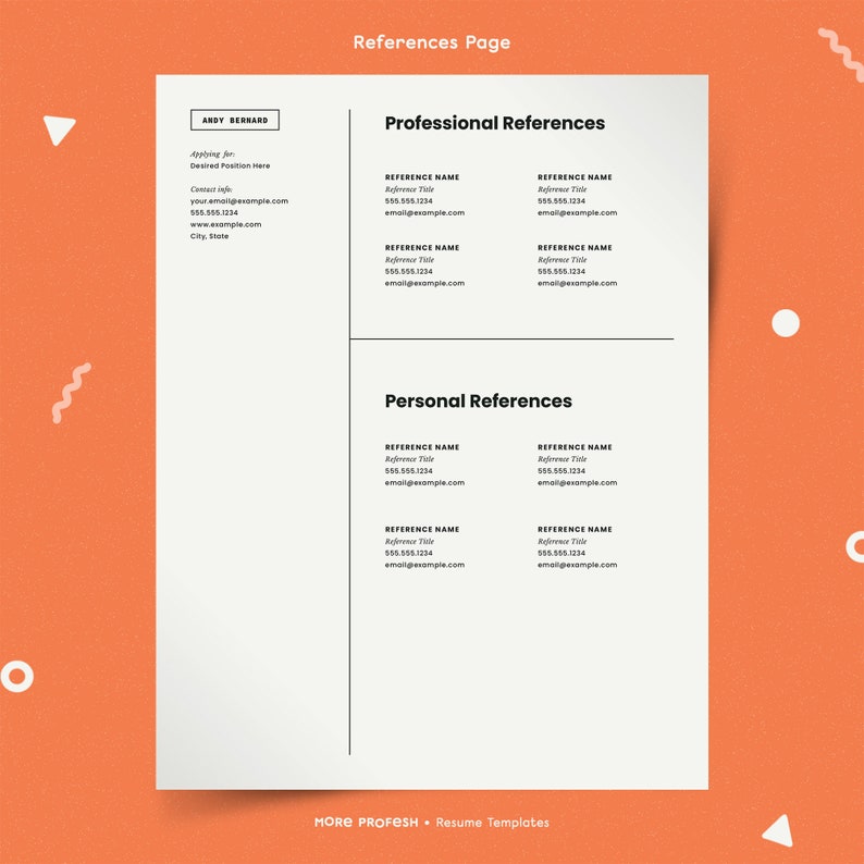 May include: A black and white reference page template with the title "References Page" at the top. The page is divided into two sections: "Professional References" and "Personal References". Each section lists four reference names, titles, phone numbers, and email addresses.