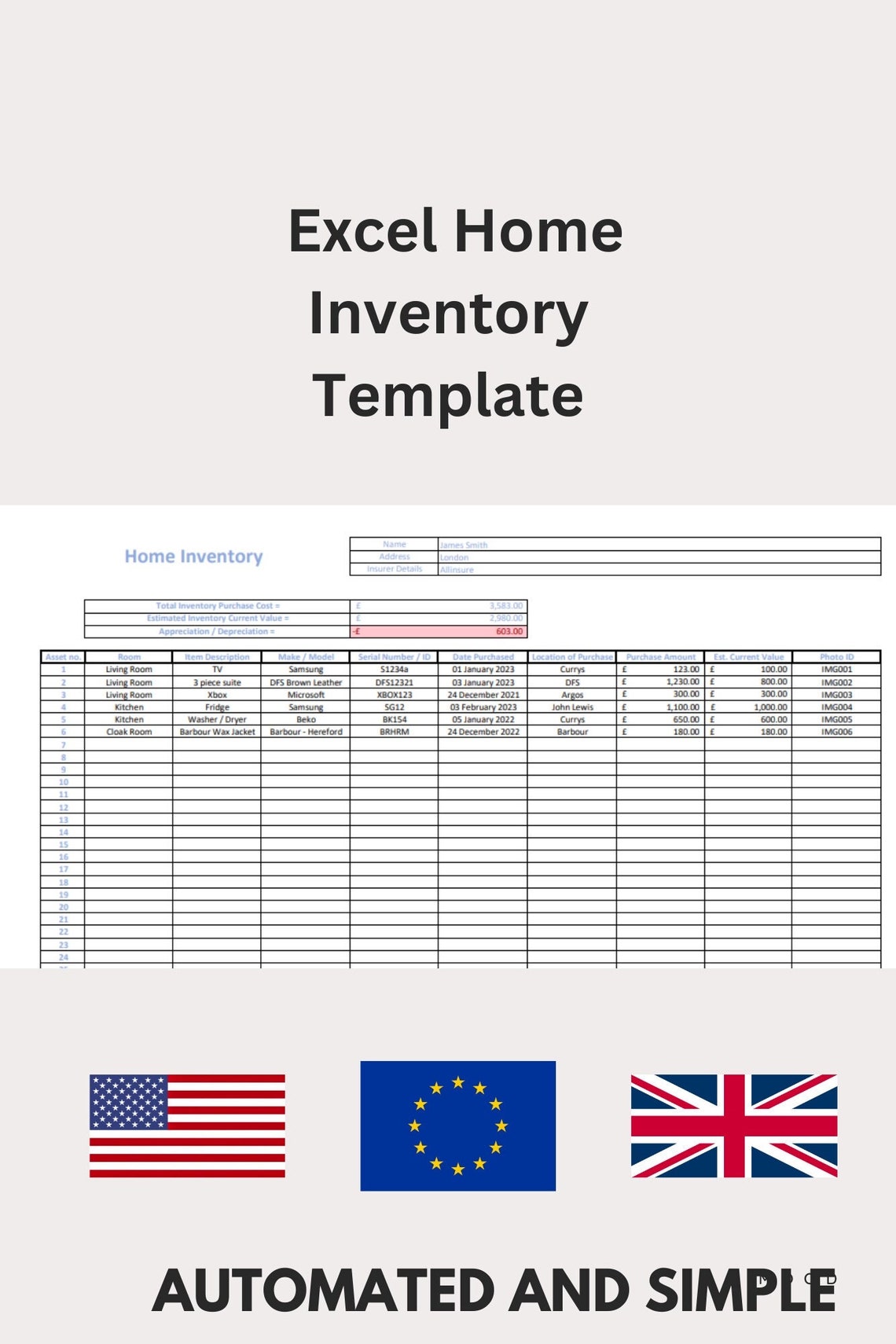 Home Inventory / Collection Inventory Template for Microsoft Excel Cost