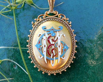 Victorian Locket 18k Gold Enameled Monogram c. 1880 heavy 32.7 grams — Antique Locket, Victorian Locket, Antique Jewelry, Victorian Pendant