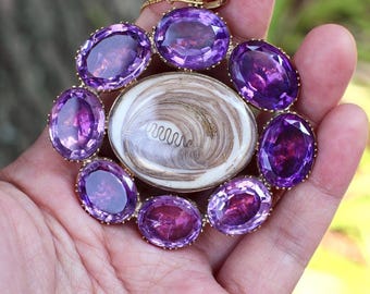 Georgian Amethyst Pendant c. 1820 — Foiled Amethyst Hairwork Pendant Brooch, Georgian pendant, Antique Jewelry, Georgian Sentimental Jewelry