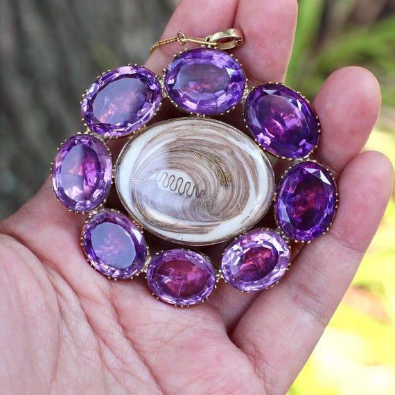 Georgian Amethyst Pendant c. 1820 — Foiled Amethyst Hairwork Pendant Brooch, Georgian pendant, Antique Jewelry, Georgian Sentimental Jewelry
