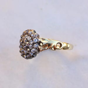 May include: A gold ring featuring a cluster of small, sparkling gemstones. The ring's design includes a decorative floral element and a smooth, polished band. The gemstones are set in a dark metal, contrasting with the gold.