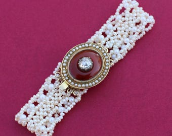 Georgian Bracelet - c. 1800 Neoclassical Rose Cut Diamond Carnelian Seed Pearl strap bracelet 18k gold, antique bracelet, Georgian Jewelry