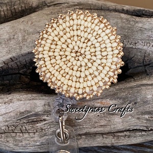 Sparkly ladies beaded badge reel, gold & cream badge reel, beaded badge holder, beaded ID holder, ID card reel,