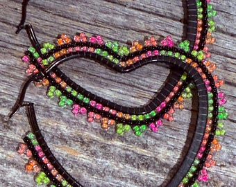 Beaded gold & neon heart hoop earrings, 5cm heart hoop earrings