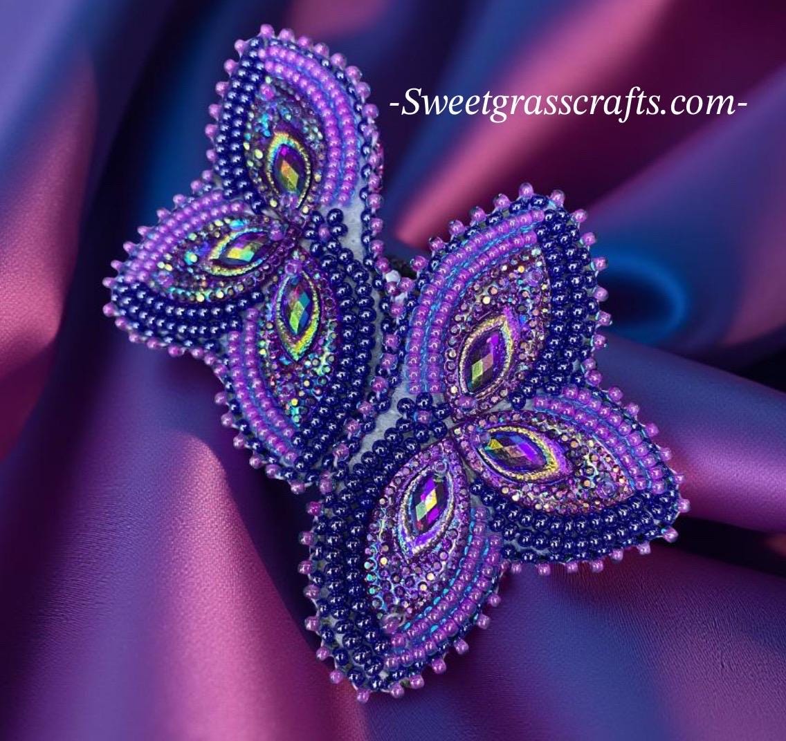 Native American beaded purple earrings, native beadwork, butterfly earrings, flower earrings, beaded earrings, powwow earrings
