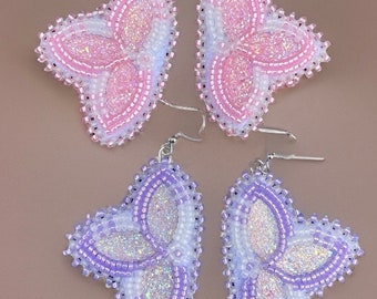 Native American beaded pink or purple earrings, soft pink & white earrings, lavender butterfly earrings, flower earrings, powwow earrings