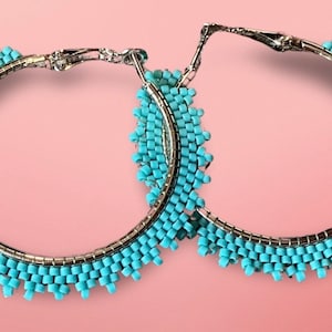 2&quot; inch turquoise beaded hoop earrings, beaded hoop earrings, Native beaded earrings, summer earrings, statement earrings, hoops