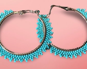 2&quot; inch turquoise beaded hoop earrings, beaded hoop earrings, Native beaded earrings, summer earrings, statement earrings, hoops