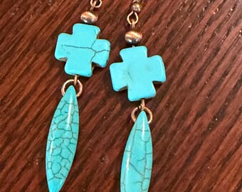 Turquoise cross earrings, beaded turquoise bar earrings, Navajo cross dagger earrings Southwestern Turquoise Cross Dangle Earrings