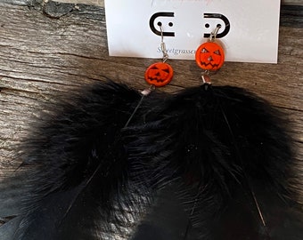 Pumpkin earrings, halloween earrings, black feather earrings