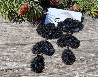 Exquisite beaded black shoulder duster earrings, long black beaded indigenous earrings, black beaded earrings