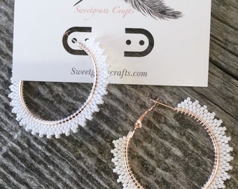2&quot; white beaded hoop earrings, beaded gold & white hoop earrings, Native beaded earrings, summer earrings, white 2” hoops