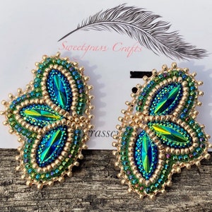 Small green gold beaded earrings, Native American beaded earrings, Indigenous beadwork, beaded Mardi Gras earrings image 2