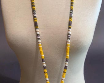 Beaded yellow, grey & white breakaway lanyard
