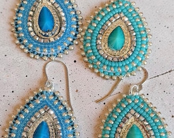 Turquoise & silver teardrop beaded earrings, Native earrings, teardop earrings, Native Beadwork, Unique beaded earrings