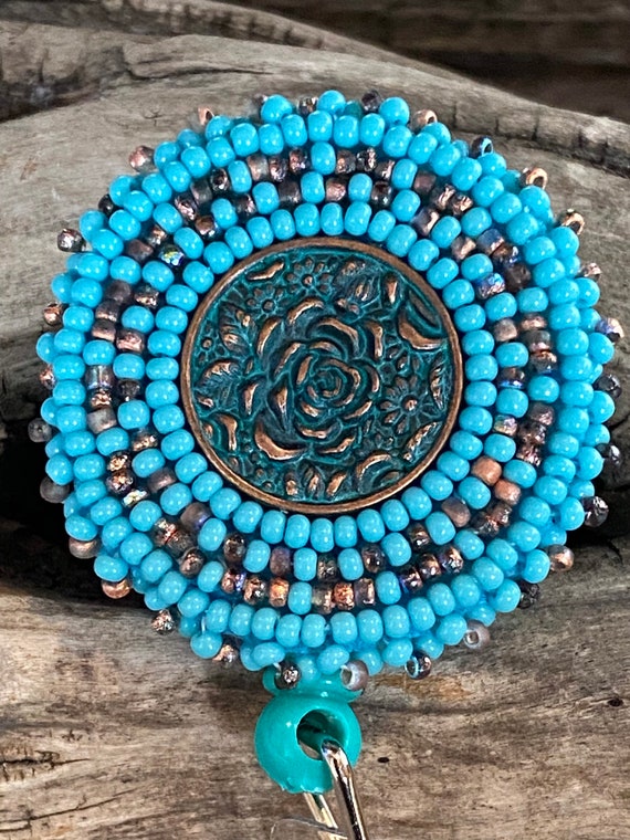 Beaded Copper Badge Reel, Native American Turquoise Beaded Badge
