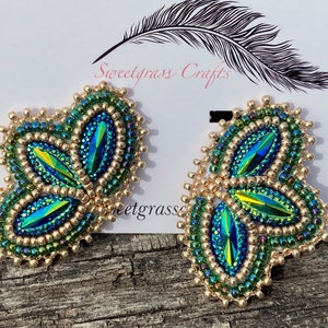 Small green gold beaded earrings, Native American beaded earrings, Indigenous beadwork, beaded Mardi Gras earrings image 6