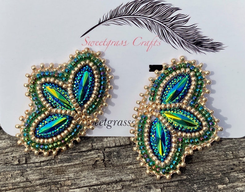 Small green gold beaded earrings, Native American beaded earrings, Indigenous beadwork, beaded Mardi Gras earrings image 6