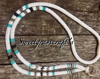 White, teal & black beaded safety lanyard, breakaway lanyard, Badge holder, long keychain, ID holder, cruise essential