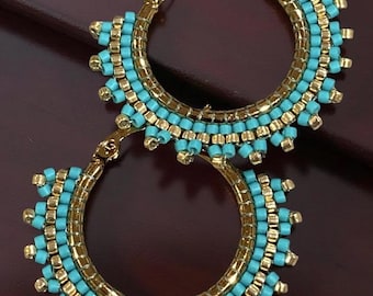 1 1/8” gold & turquoise green beaded hoop earrings, beaded hoop earrings, Native beaded earrings, blue hoops