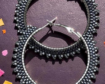 2" gunmetal & silver beaded hoop earrings