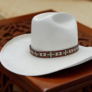 Beaded brown western cross hat band, Brown & cream Navajo cross hatband, southwestern beaded hatband