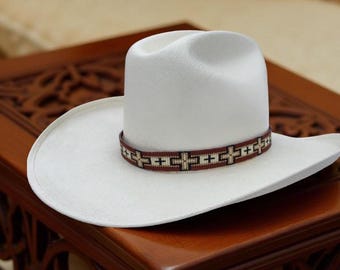 Beaded Brown Western Cross Hat Band, Brown & Cream Navajo  display picture 1