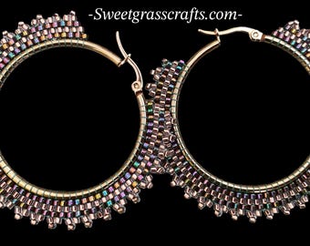 2” Gold beaded hoop earrings, beaded 2&quot; hoop earrings, delica beaded earrings, statement earrings, red iris hoops