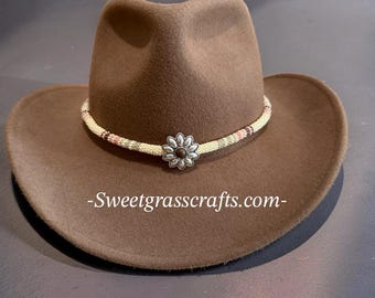 Beaded Cheyenne pink & brown hatband with concho center, beaded round Native American First Nations necklace