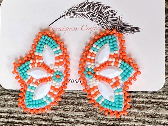 Native American Beaded Earrings, Turquoise & Coral, Butterfly Earrings,  Flower Earrings, Regalia, Turquoise Beaded Earrings, -  Israel