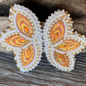 Yellow beaded earrings, Indigenous beaded orange butterfly earrings, white earrings Powwow earrings
