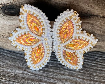Yellow beaded earrings, Indigenous beaded orange butterfly earrings, white earrings Powwow earrings