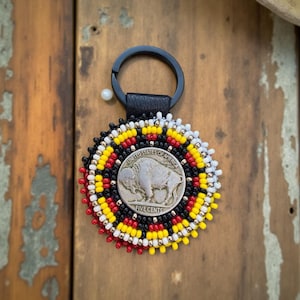 Beaded Native keychain, Beaded Native key chain, Buffalo nickel Keychain, medicine wheel keychain, Indigenous keychain