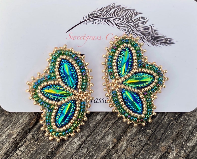 Small green gold beaded earrings, Native American beaded earrings, Indigenous beadwork, beaded Mardi Gras earrings image 3