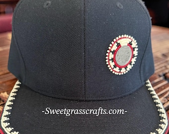 Beaded Native American beaded baseball hat, flat brim buffalo nickel red road trucker cap