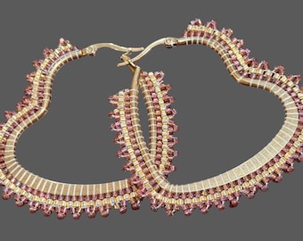 Beaded gold & light red heart hoop earrings, valentines earrings, 5cm heart hoop earrings