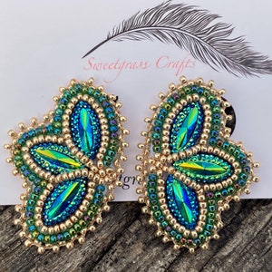 Small green gold beaded earrings, Native American beaded earrings, Indigenous beadwork, beaded Mardi Gras earrings image 5