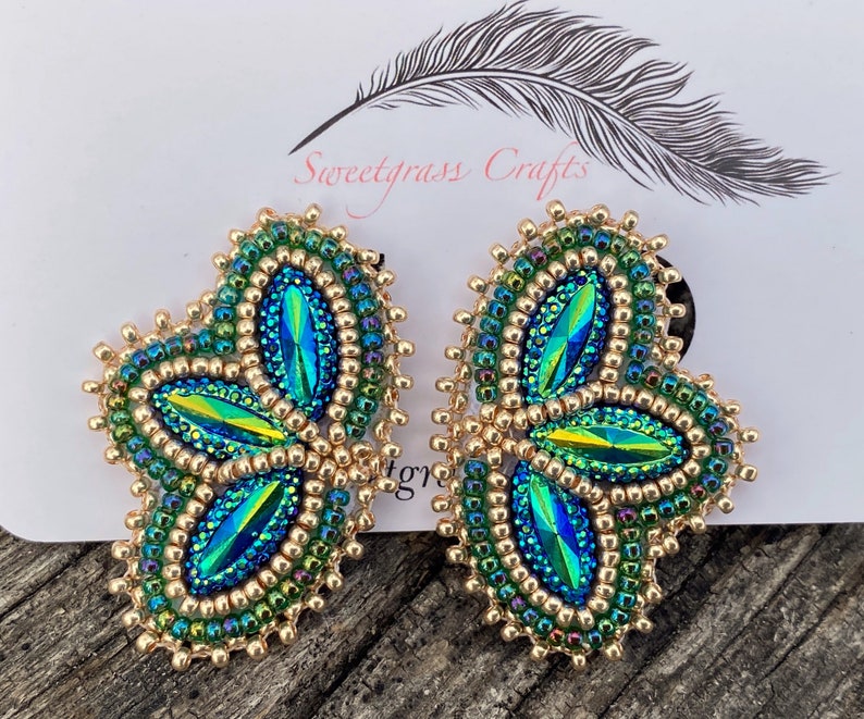 Small green gold beaded earrings, Native American beaded earrings, Indigenous beadwork, beaded Mardi Gras earrings image 5